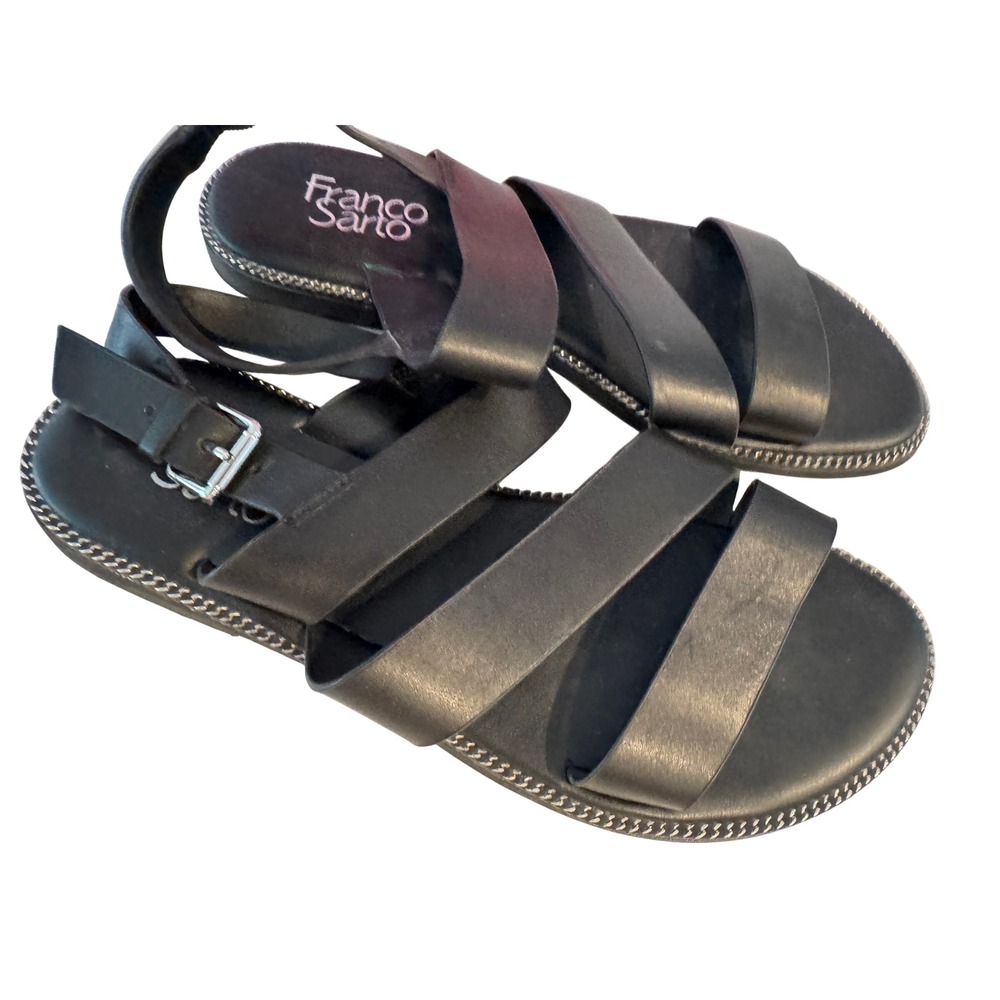 Franco Sarto Womens Black Leather Chain Trim‎ Gladiator Sandals Ankle Strap 8M